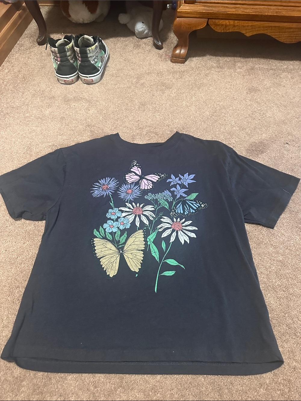 Mighty Fine Black Tee with Pastel Butterfly & Floral Print